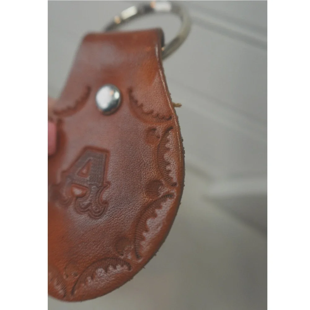 Vintage Leather Keychain Letter A Tooled Stamped Initial Bag Charm Boho Unisex
